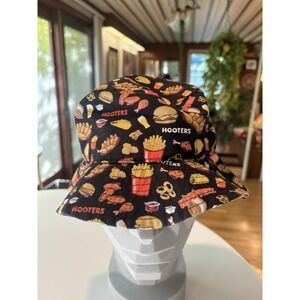 Hooters Food Print Bucket Hat One Size Fries Burgers Wings Tacos Black Statement
